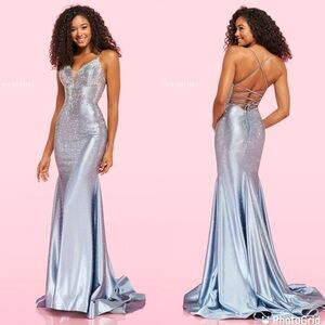 $600 Sherri Hill Blue Rhinestone Star Embellished Lace Up Back Gown 0 Formal